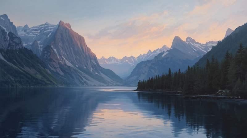 Lanskap gunung, laut, dan hutan di bawah cahaya senja sebagai simbol ketenangan hidup.