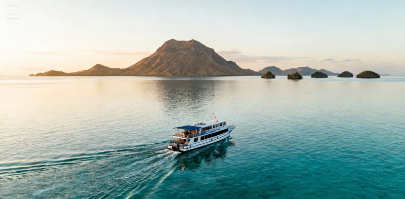 Kapal wisata berlayar di perairan Nusa Tenggara menuju kawasan Komodo dengan latar Pulau Padar.