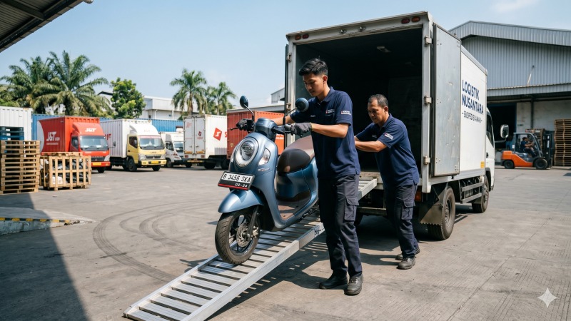 Pekerja ekspedisi Pekanbaru sedang menaikkan motor skuter ke dalam truk kargo dengan aman.