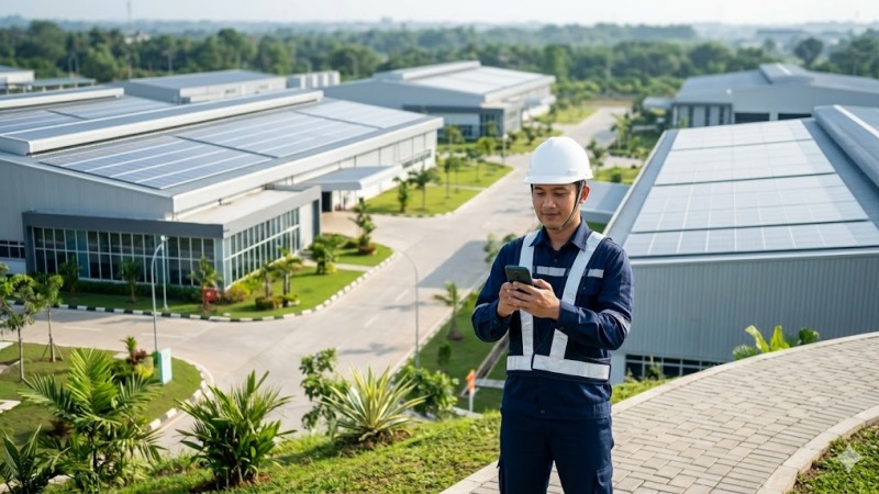 Ilustrasi kelebihan energi terbarukan pada kawasan industri modern yang efisien