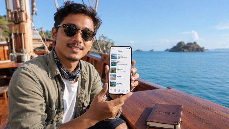 Wisatawan mencari referensi paket sailing komodo yang aman dan nyaman melalui smartphone.