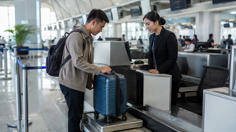 Penumpang menimbang koper di counter check-in bandara.
