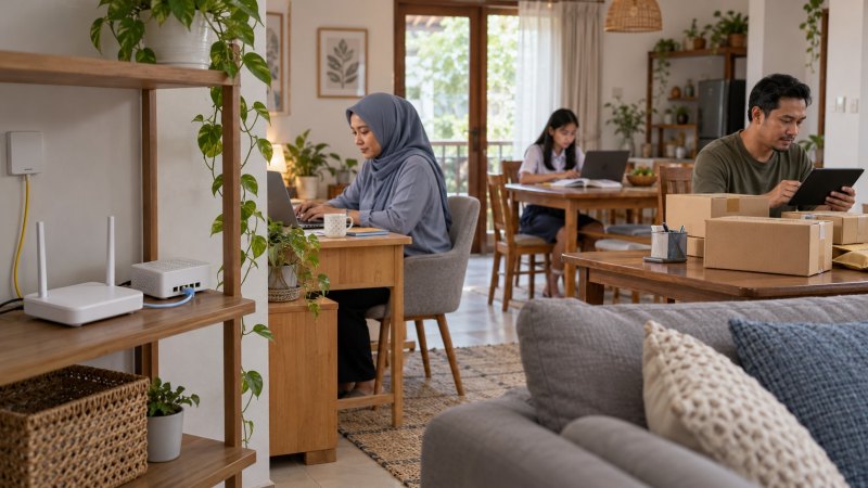 Ilustrasi keluarga menggunakan internet fiber optik untuk bekerja, belajar, dan mengelola usaha rumahan.