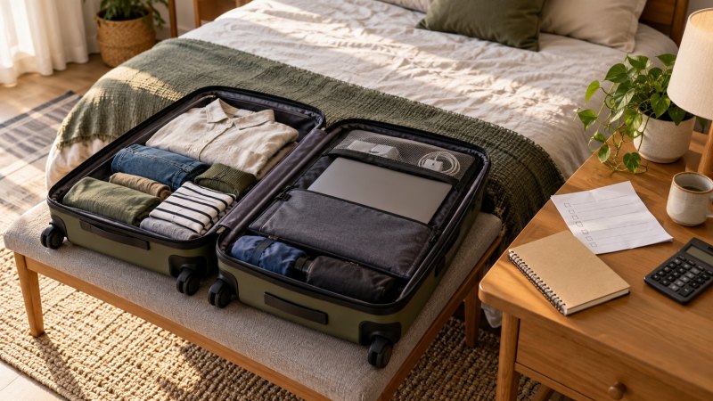 Koper terbuka berisi pakaian dan laptop, dengan buku catatan, checklist, serta kalkulator di meja samping.