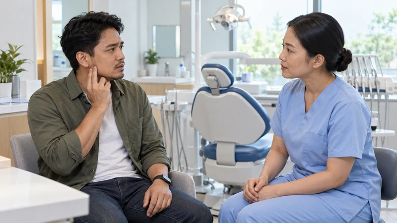 Pasien menunjuk area rahang saat berkonsultasi dengan dokter gigi mengenai penyebab gusi belakang bengkak.