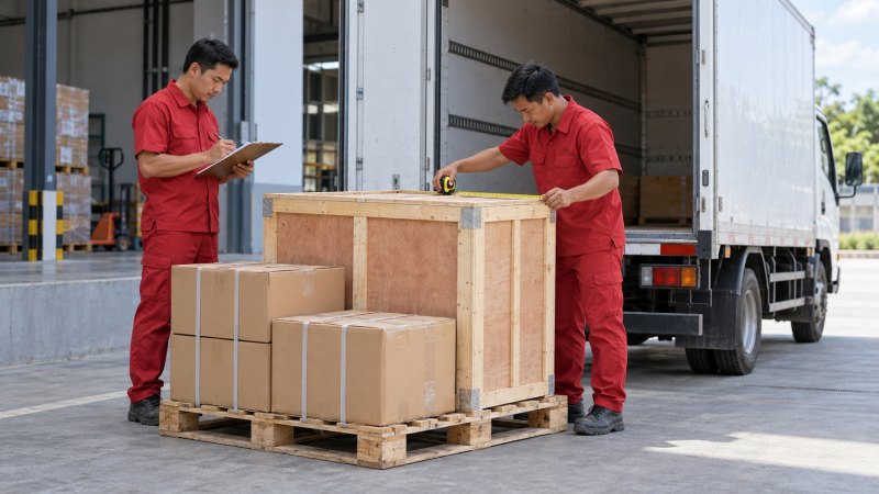 Dua pekerja mengukur peti barang besar dan mencatat data muatan di dekat truk box.