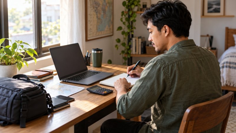 Pria mencatat rencana dengan laptop dan kalkulator sebagai ilustrasi penyusunan anggaran digital nomad.